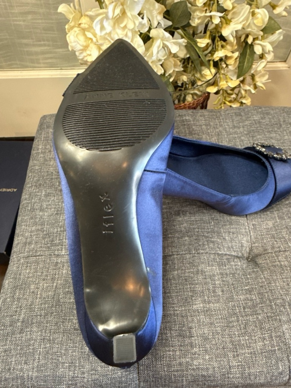 Anne Klein Navy Satin Pointed Toe Heels with Jeweled Round Buckles - Picture 4 of 6